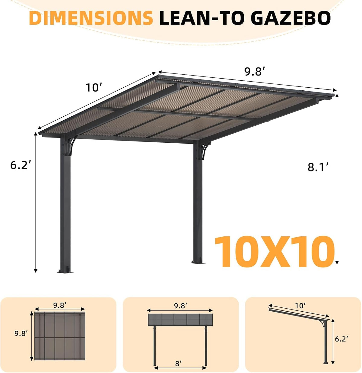 Stylish 10' x 10' Lean-To Gazebo & Pergola - Durable Hard Top Carport for Patios & Decks