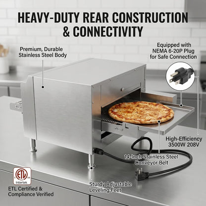 14-Inch Commercial Conveyor Pizza Oven, 3500W 208V Countertop Electric Oven with 14-Inch Belt and 6-20P Plug for Efficient Baking (60Hz)