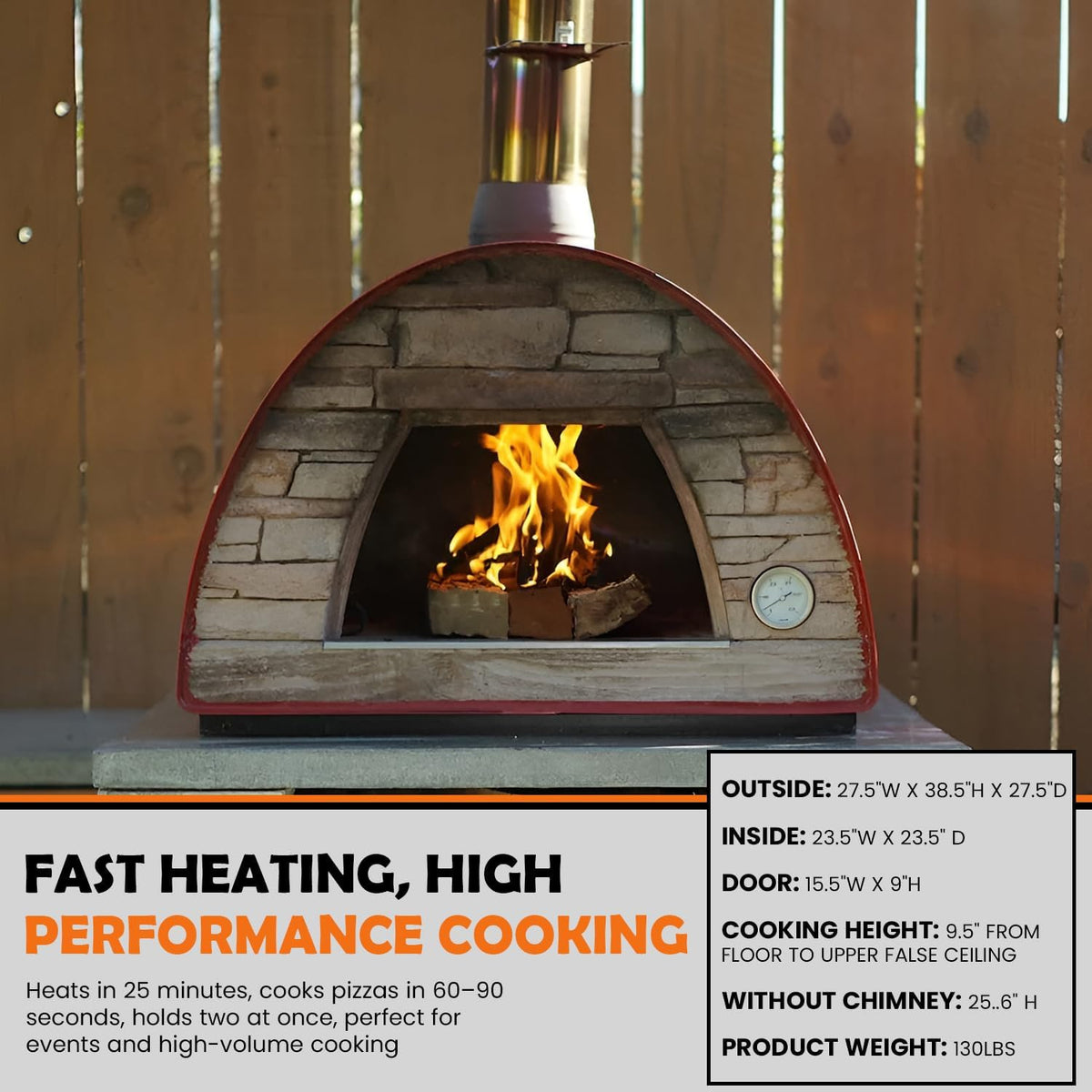 Maximus Red Wood-Fired Portable Outdoor Pizza Oven - Handmade in Portugal with Stainless Steel Chimney, Pizza Peel, Thermometer, Extra Floor Tile, and Baking Dish Included