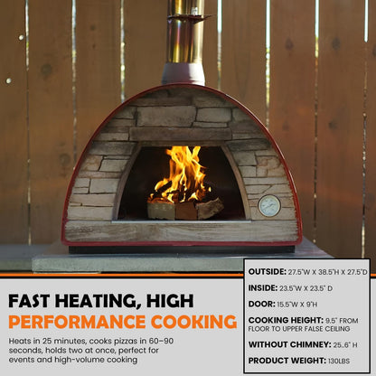 Maximus Red Wood-Fired Portable Outdoor Pizza Oven - Handmade in Portugal with Stainless Steel Chimney, Pizza Peel, Thermometer, Extra Floor Tile, and Baking Dish Included