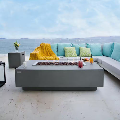 Granville 60" x 27" Rectangular Concrete Propane Fire Table with Lava Rocks and Protective Cover for Outdoor Settings