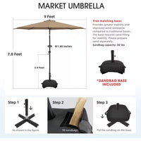 9 Ft. Patio Umbrella for Outdoor with Push Button Tilt and Crank Table Umbrella plus Base in Tan