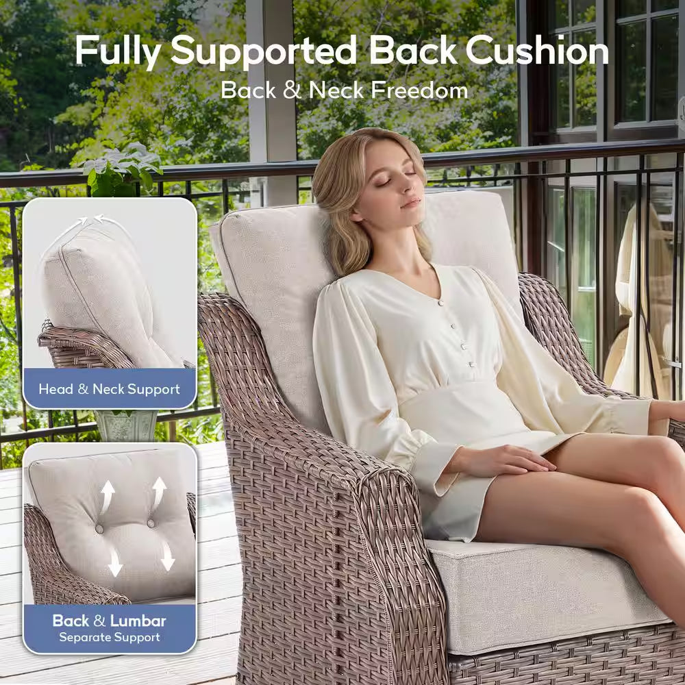 Chic Modern Farmhouse 7-Piece Brown Wicker Patio Set with Beige Cushions & Stylish Metal Fire Pit