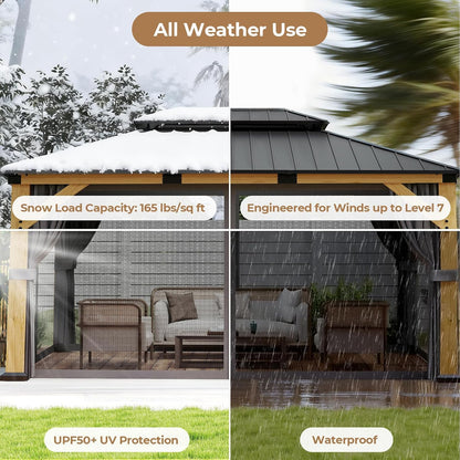 Transform Your Outdoor Space with the Elegant 12' x 16' Wood Gazebo Featuring a Hardtop, Double Galvanized Steel Roof, and Complete Privacy Solutions