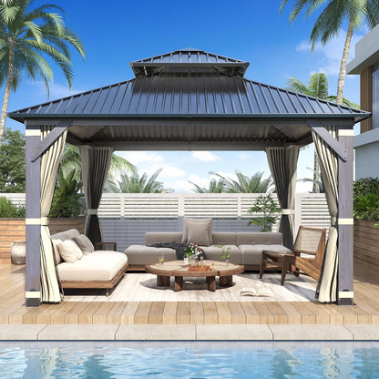Luxurious 12’X 20’ Outdoor Spruce Wood Gazebo with Elegant Double Roof Design and Versatile Shelving