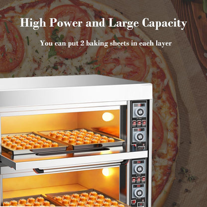 Commercial 13.2KW Double Deck Pizza Oven - Stainless Steel Movable Multipurpose Oven for Bread, Meats, and Pastries with Large Capacity and Wheels, 220V/3PH