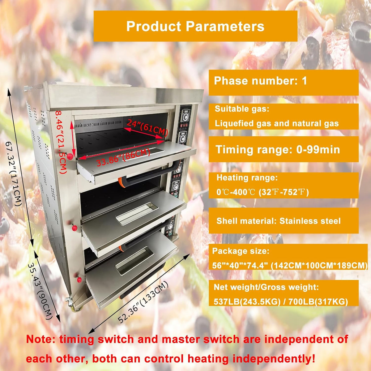 Professional 3-Layer Gas Pizza Oven with 6 Plate Capacity, 110V 300W Stainless Steel, Ideal for Restaurants and Bakeries, Temperature Range 0℃-400℃, Timer 0-99 Minutes, Single Phase