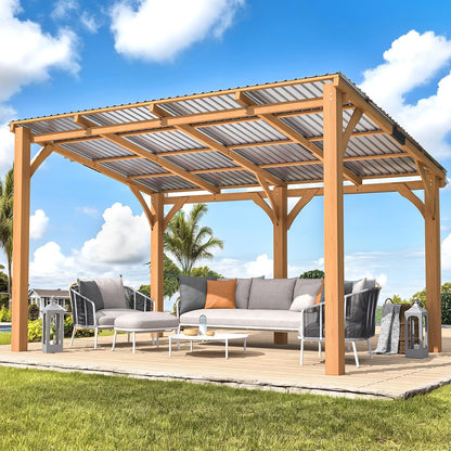 20' x 10' Outdoor Wooden Gazebo - Large Cedar Pergola with Hardtop Design for Patios, Decks, and Backyards, Wall-Mounted Heavy-Duty Awning