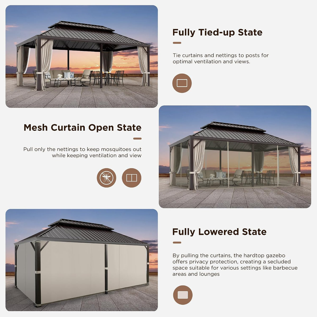 12x20 ft Hardtop Gazebo with Metal Frame, Netting, and Curtains