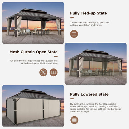 12x20 ft Hardtop Gazebo with Metal Frame, Netting, and Curtains