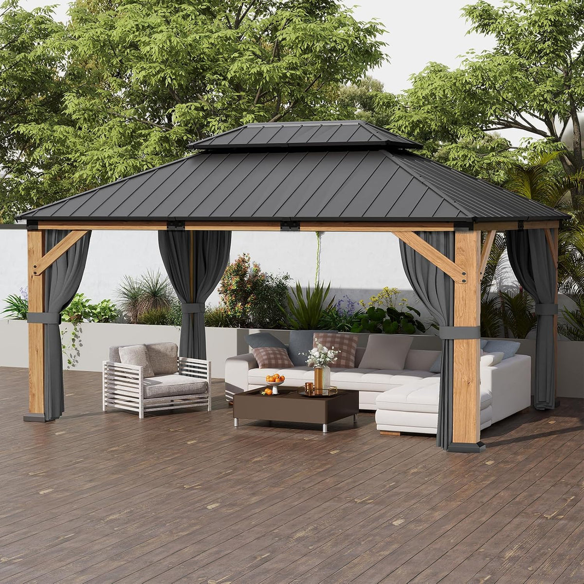 Transform Your Outdoor Space with the Elegant 12' x 16' Wood Gazebo Featuring a Hardtop, Double Galvanized Steel Roof, and Complete Privacy Solutions