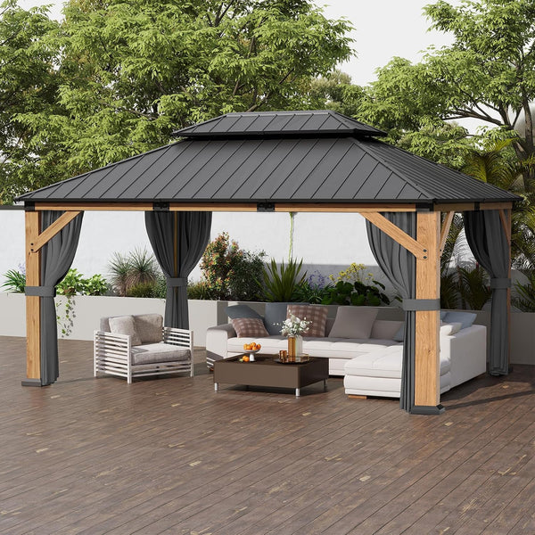 Transform Your Outdoor Space with the Elegant 12' x 16' Wood Gazebo Featuring a Hardtop, Double Galvanized Steel Roof, and Complete Privacy Solutions