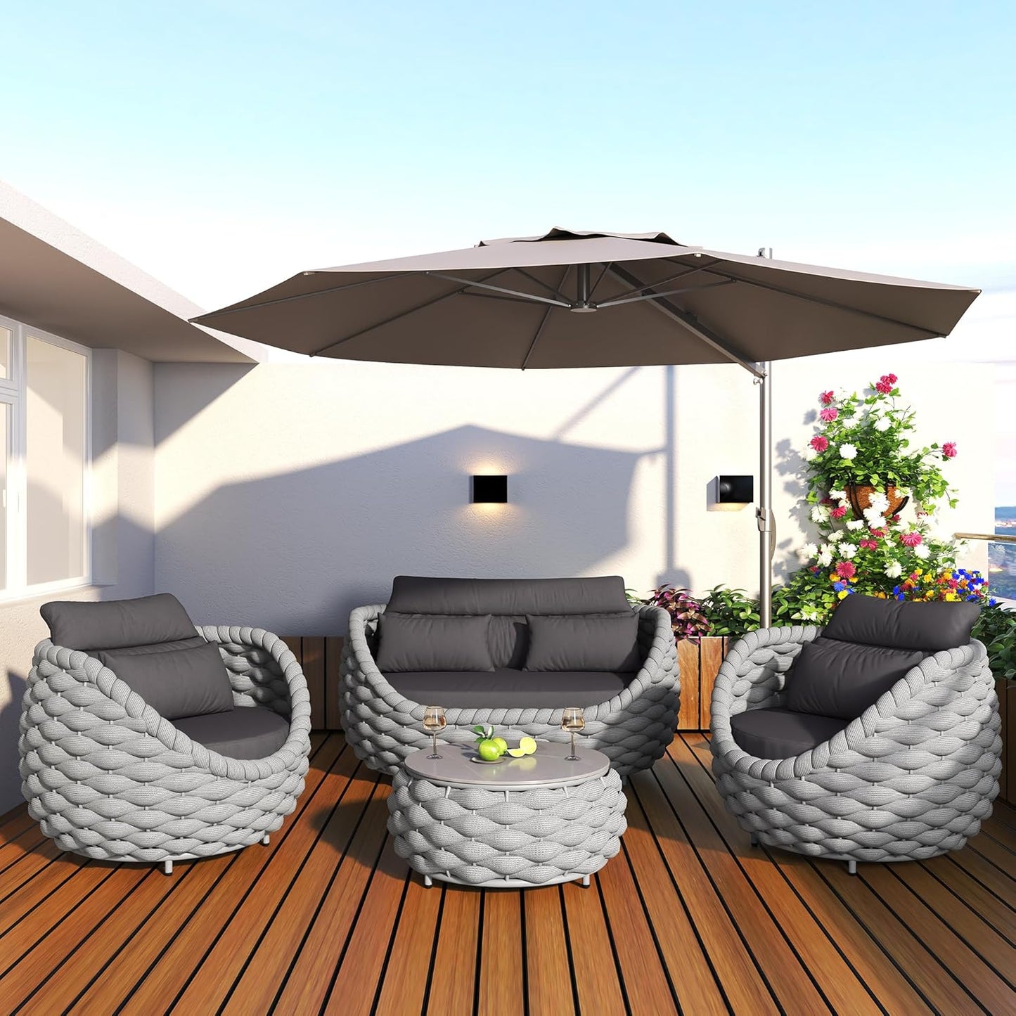 6-Piece Aluminum Patio Furniture Set,Polyester Light Grey W/Table | Olefin Rope Modern Outdoor Conversation Set Sectional Sofa with Water Repellent Thick Cushions for Balcony, Garden