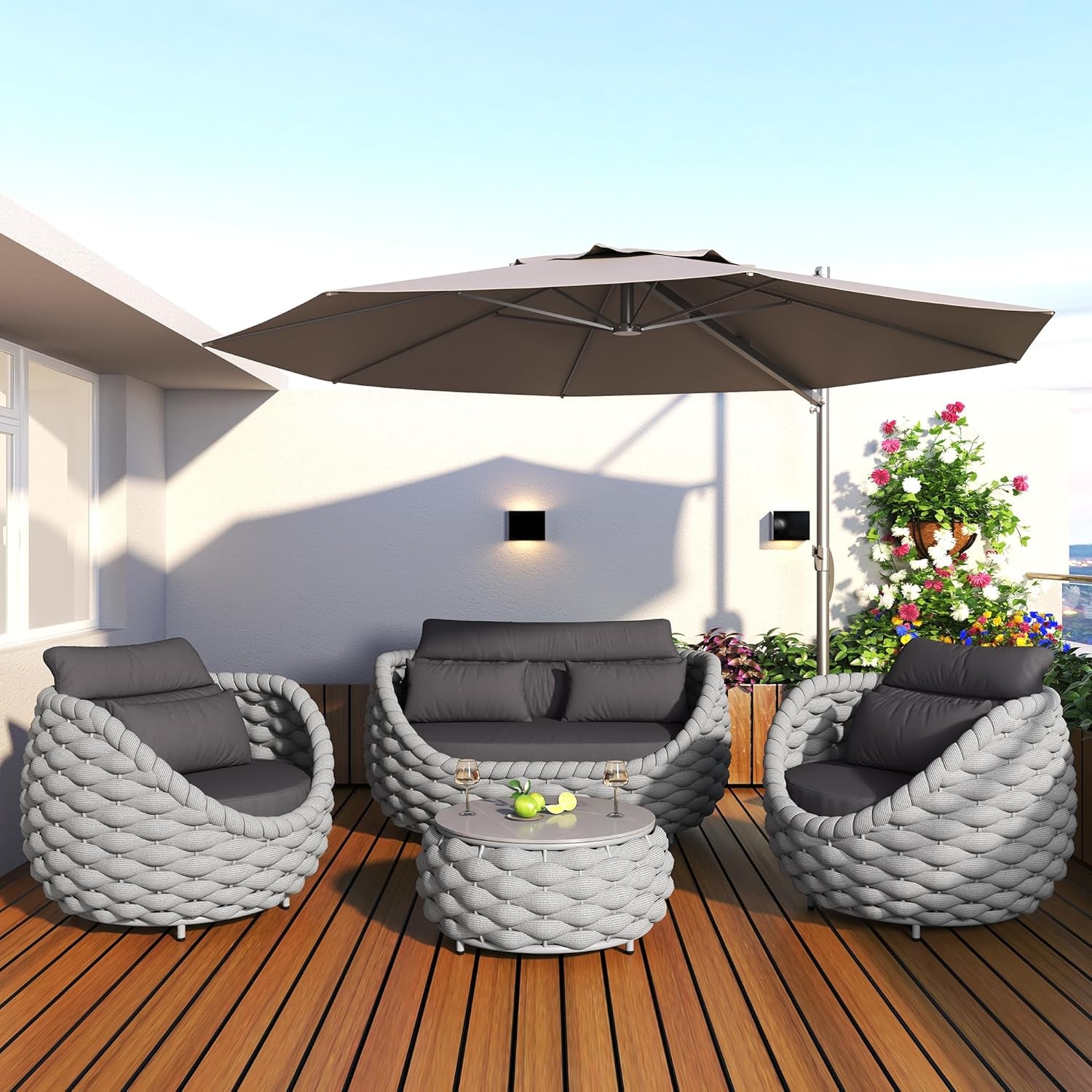 6-Piece Aluminum Patio Furniture Set,Polyester Light Grey W/Table | Olefin Rope Modern Outdoor Conversation Set Sectional Sofa with Water Repellent Thick Cushions for Balcony, Garden