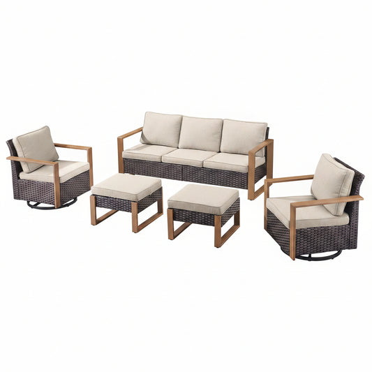 Wicker Patio Furniture Set Built for All-Weather Entertaining, 5 Pieces, Swivel Rockers, 50K BTU Fire Pit