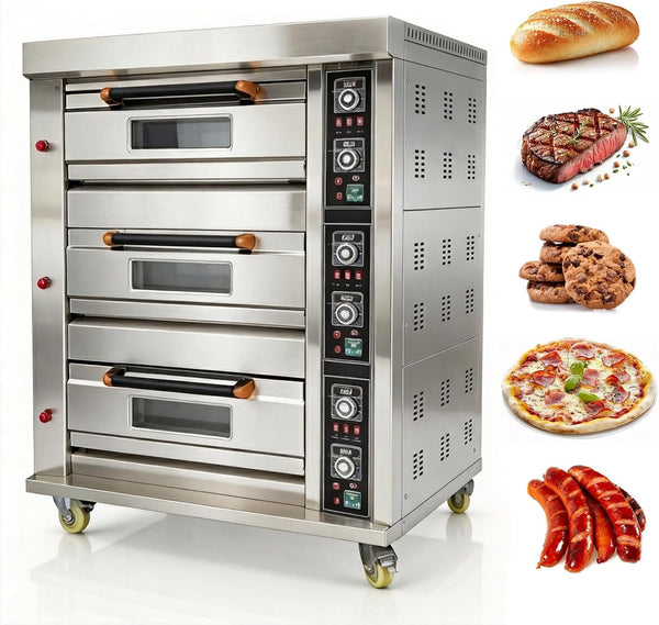 Triple Deck Gas Pizza Oven - Commercial Stainless Steel Baking Machine with 6 Baking Sheets, 110V for Restaurants and Bakeries