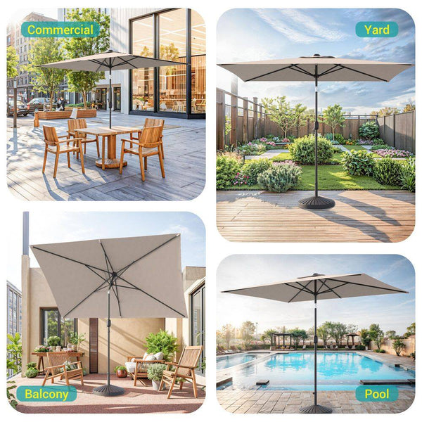 10 Ft. X 6.5 Ft. Rectangle Solar LED Outdoor Patio Market Table Umbrella with Push Button Tilt and Crank in Beige