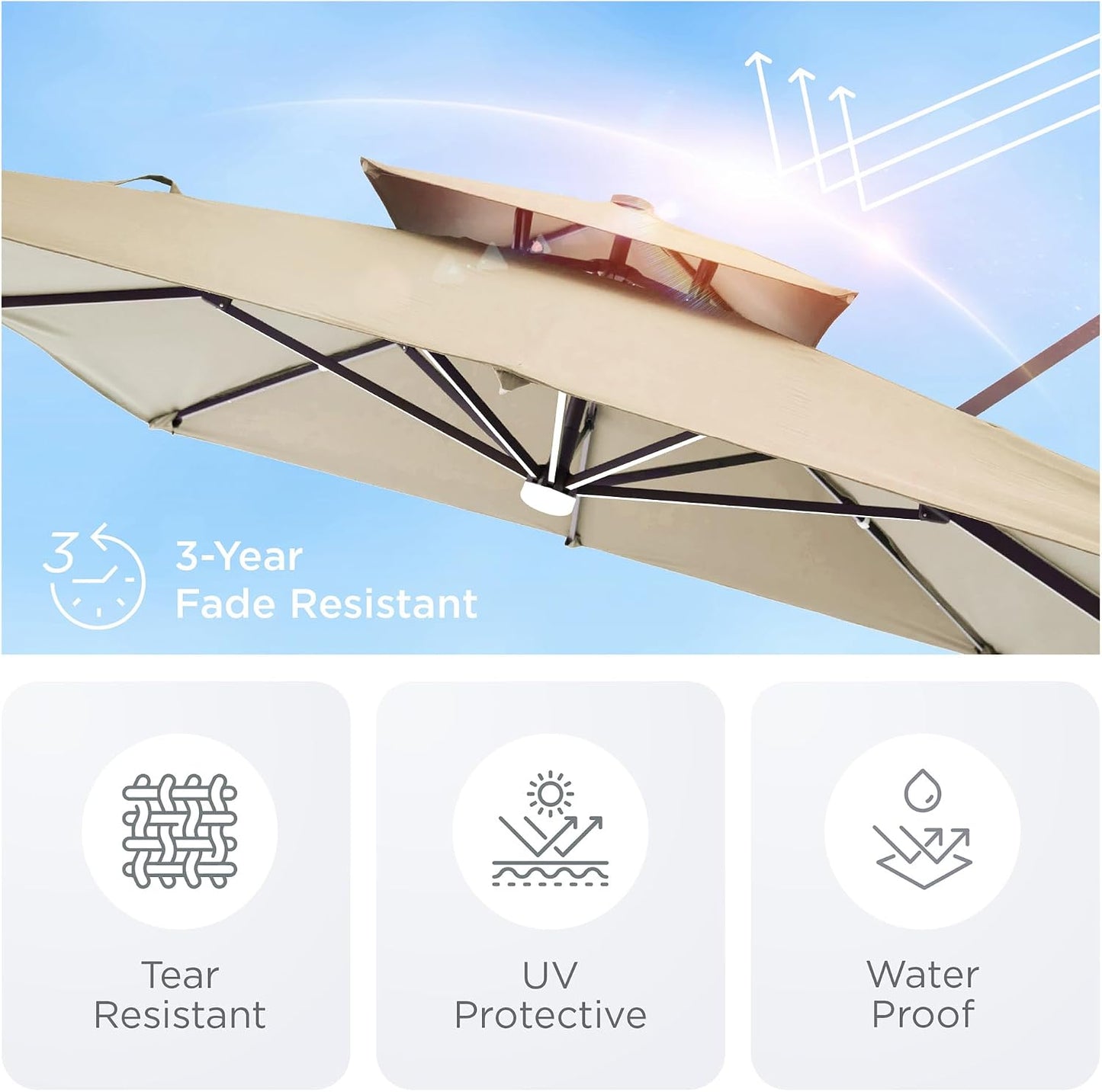 9' X 12' Patio Umbrella with LED Lights Outdoor Cantilever Umbrellas | Heavy Duty Aluminum Frame, Double Top Waterproof Canopy, 360-Degree Rotation, for Pool Garden Deck, Beige