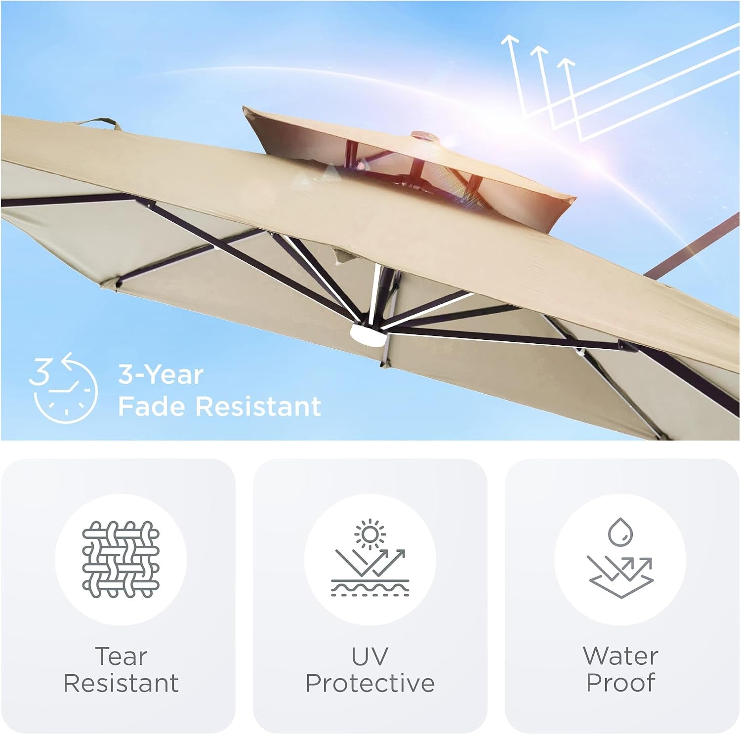 9' X 12' Patio Umbrella with LED Lights Outdoor Cantilever Umbrellas | Heavy Duty Aluminum Frame, Double Top Waterproof Canopy, 360-Degree Rotation, for Pool Garden Deck, Beige