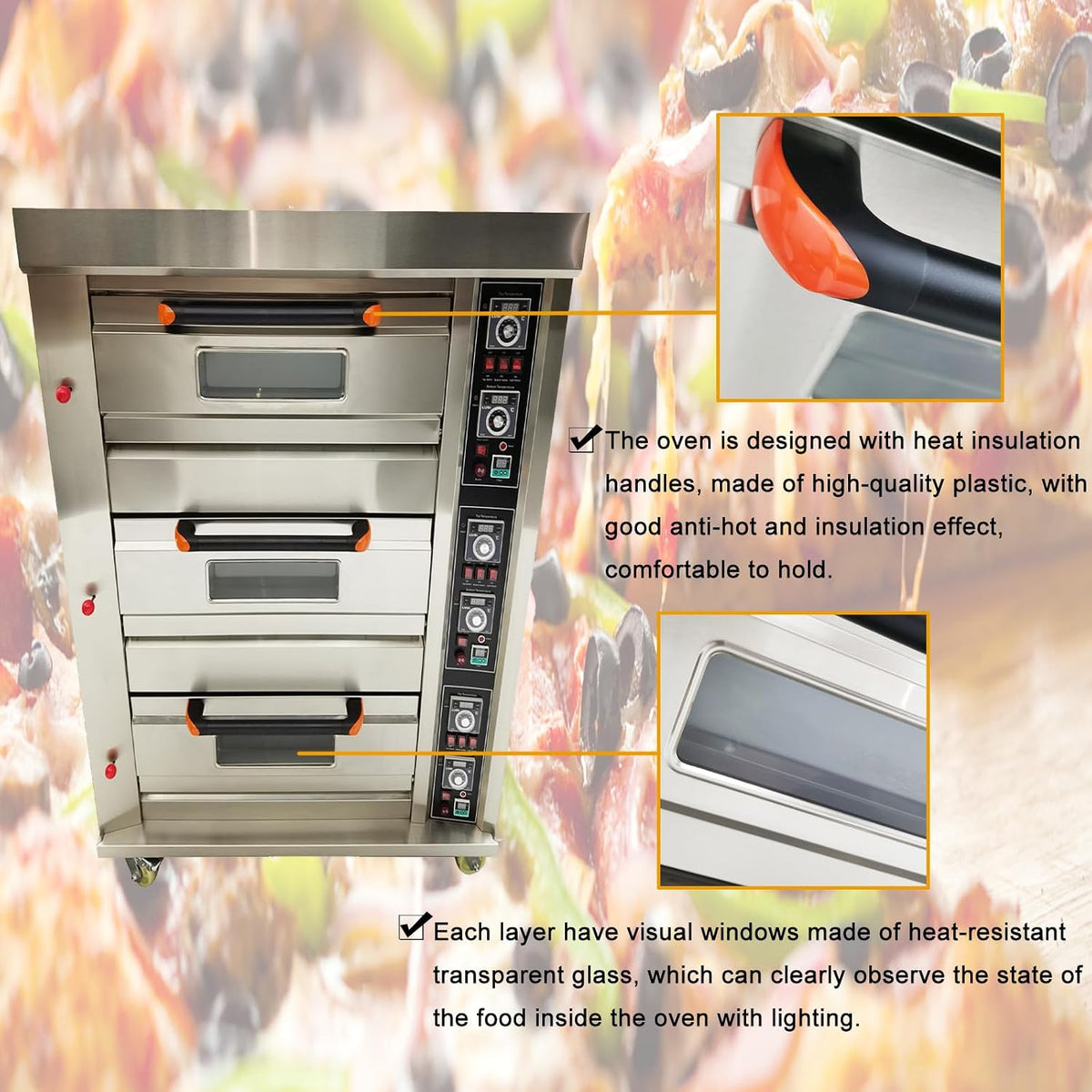 Professional 3-Layer Gas Pizza Oven with 6 Plate Capacity, 110V 300W Stainless Steel, Ideal for Restaurants and Bakeries, Temperature Range 0℃-400℃, Timer 0-99 Minutes, Single Phase