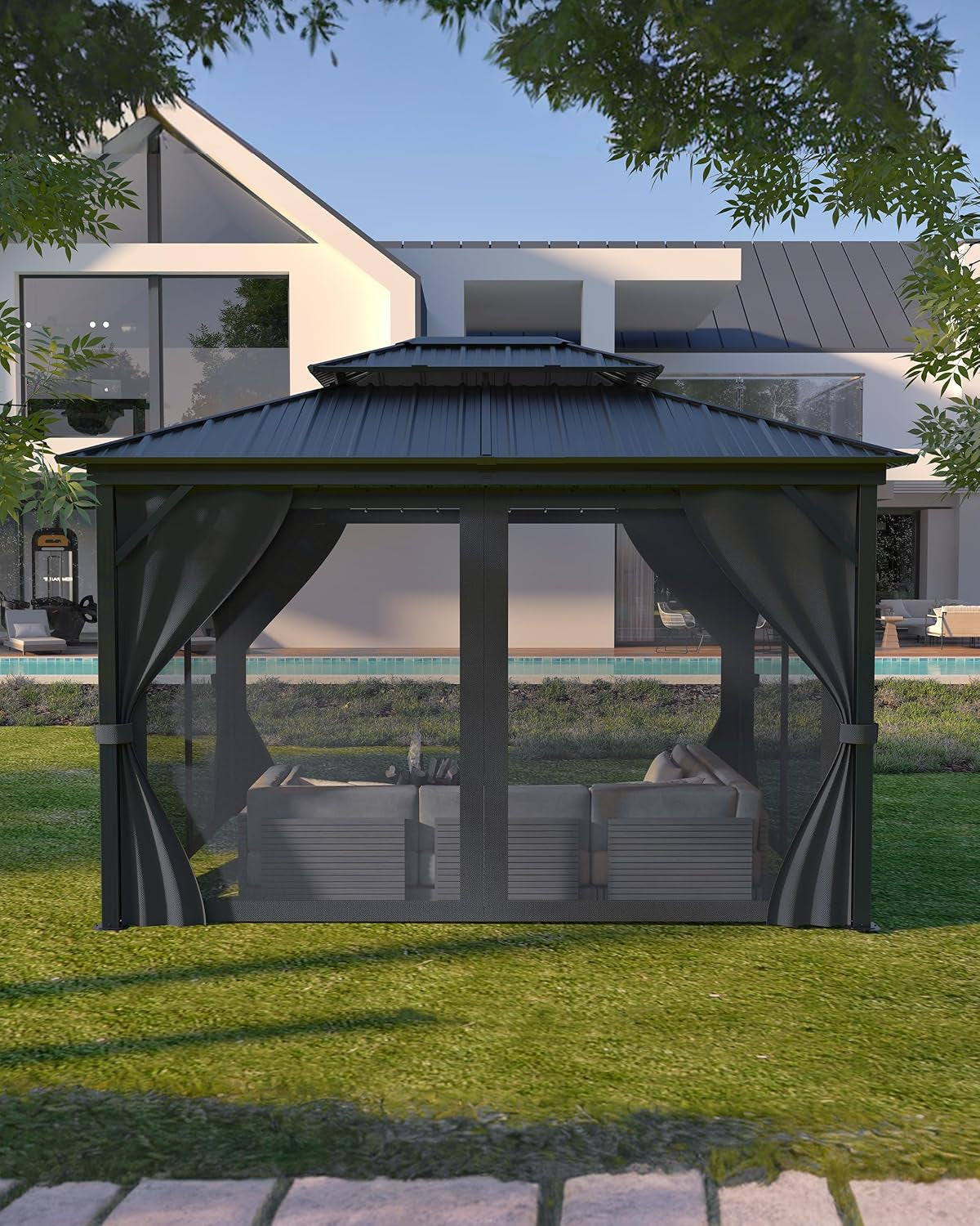 Elevate Your Outdoor Experience with Our 12X14 Ft Hardtop Gazebo - Heavy Duty Double Roof, Nettings, and Curtains for Ultimate Comfort and Style in Grey