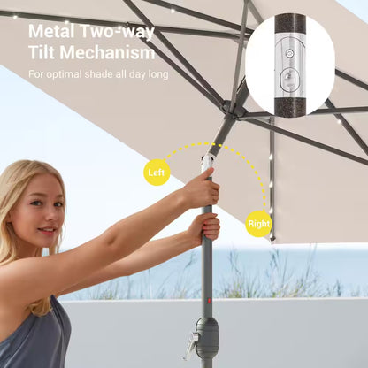 10 Ft. X 6.5 Ft. Rectangle Solar LED Outdoor Patio Market Table Umbrella with Push Button Tilt and Crank in Beige