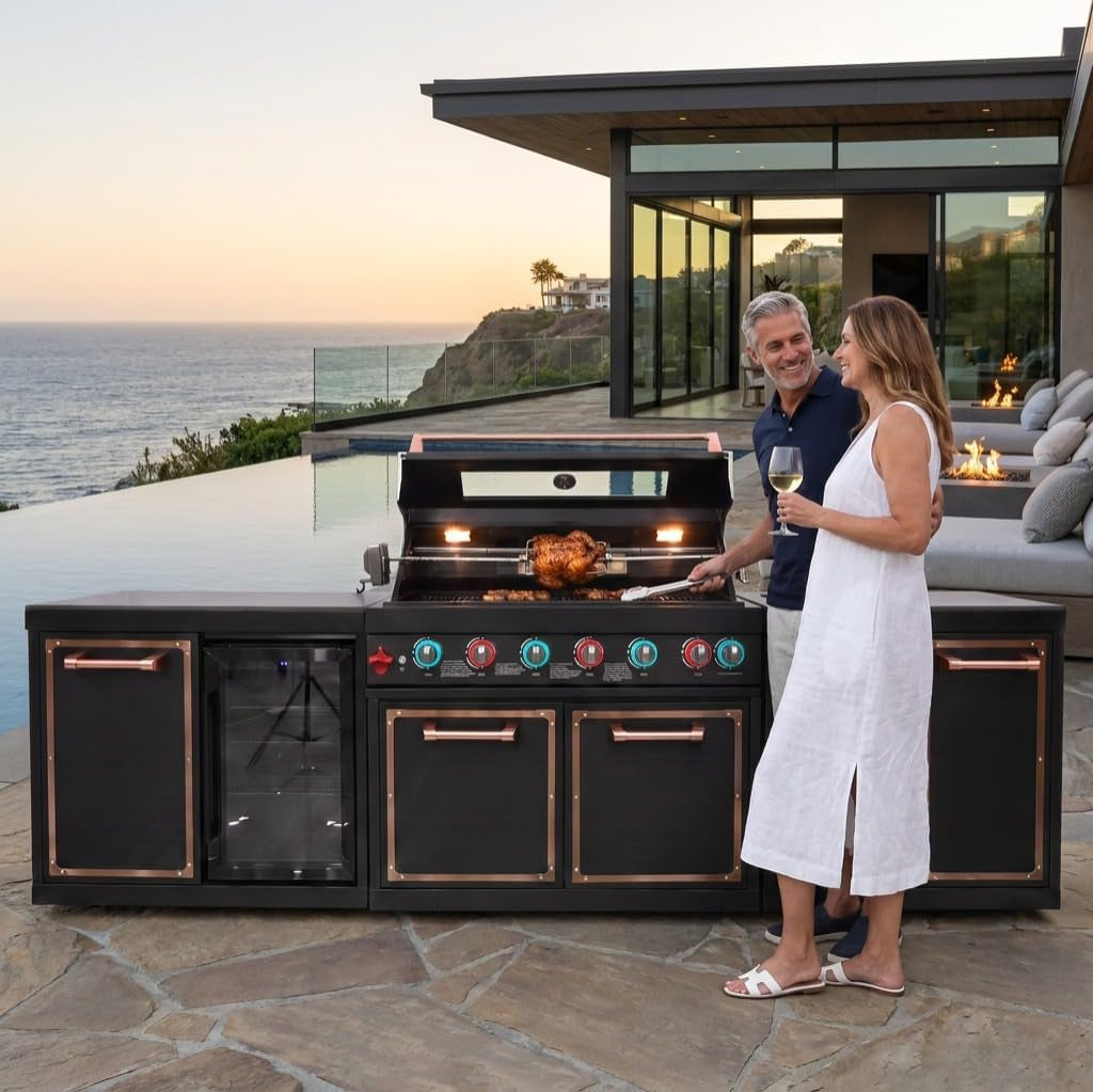 113.8-Inch Outdoor Kitchen Island Featuring Gas Grill and Infrared Rear Burner - Black Finish