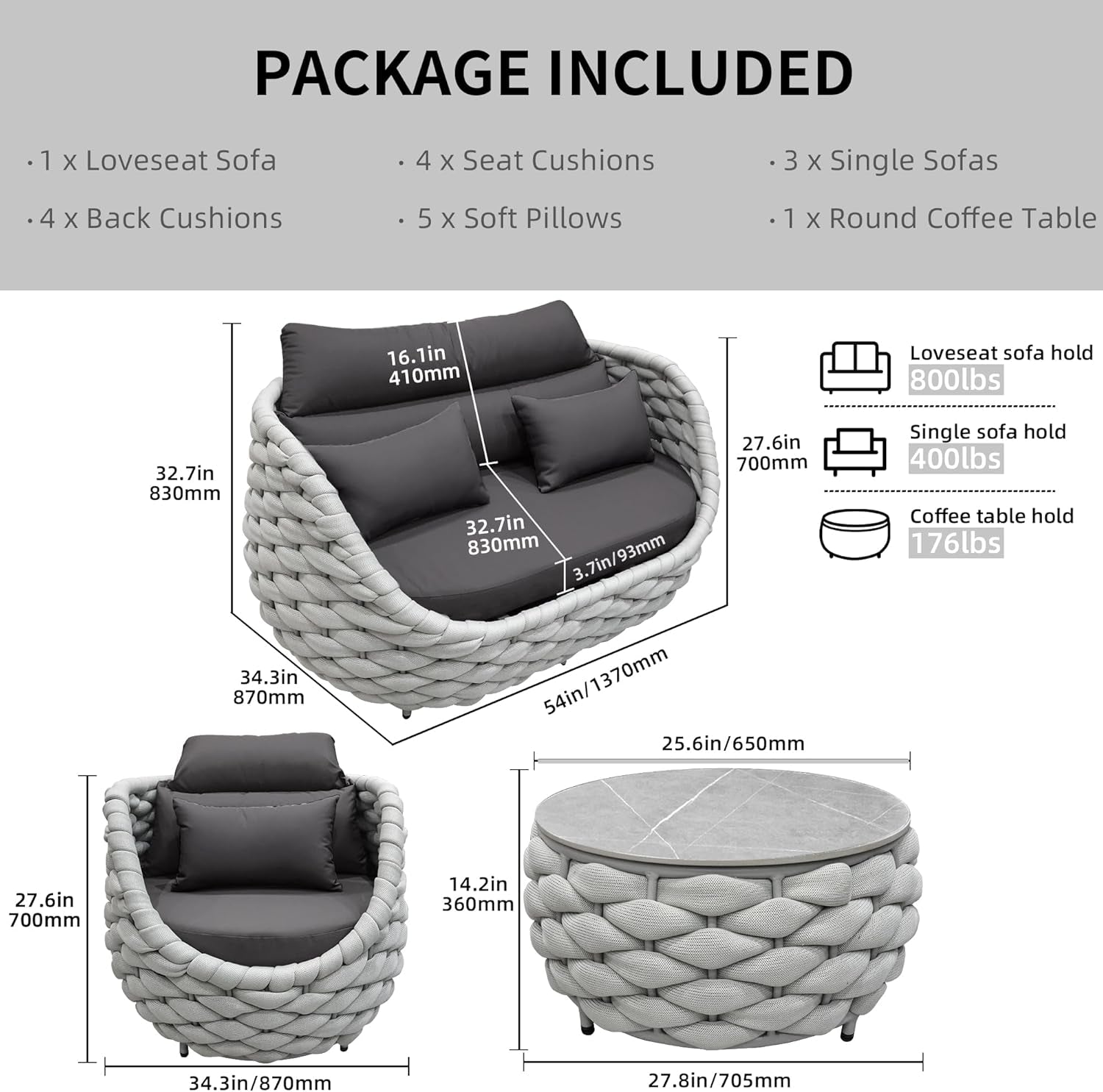 6-Piece Aluminum Patio Furniture Set,Polyester Light Grey W/Table | Olefin Rope Modern Outdoor Conversation Set Sectional Sofa with Water Repellent Thick Cushions for Balcony, Garden