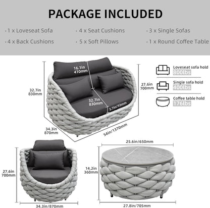 6-Piece Aluminum Patio Furniture Set,Polyester Light Grey W/Table | Olefin Rope Modern Outdoor Conversation Set Sectional Sofa with Water Repellent Thick Cushions for Balcony, Garden