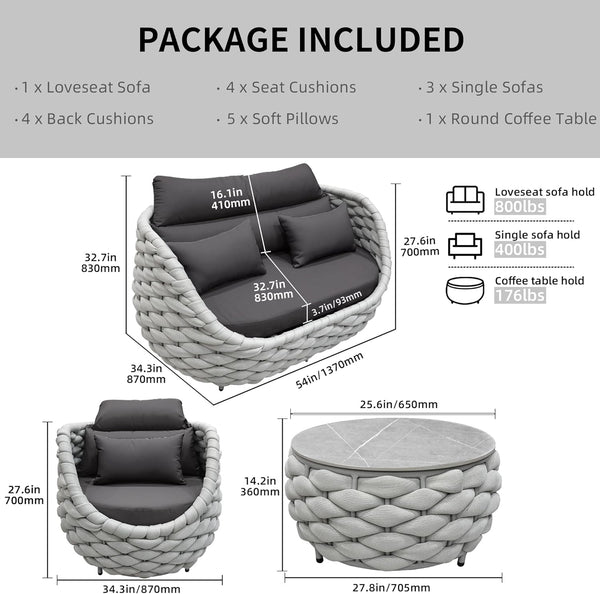 6-Piece Aluminum Patio Furniture Set,Polyester Light Grey W/Table | Olefin Rope Modern Outdoor Conversation Set Sectional Sofa with Water Repellent Thick Cushions for Balcony, Garden