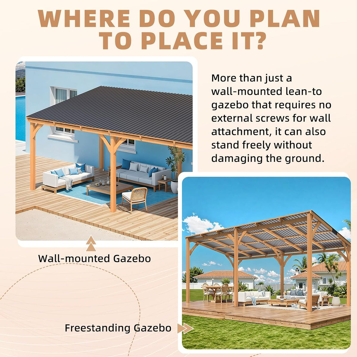 20' x 10' Outdoor Wooden Gazebo - Large Cedar Pergola with Hardtop Design for Patios, Decks, and Backyards, Wall-Mounted Heavy-Duty Awning