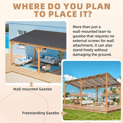 20' x 10' Outdoor Wooden Gazebo - Large Cedar Pergola with Hardtop Design for Patios, Decks, and Backyards, Wall-Mounted Heavy-Duty Awning