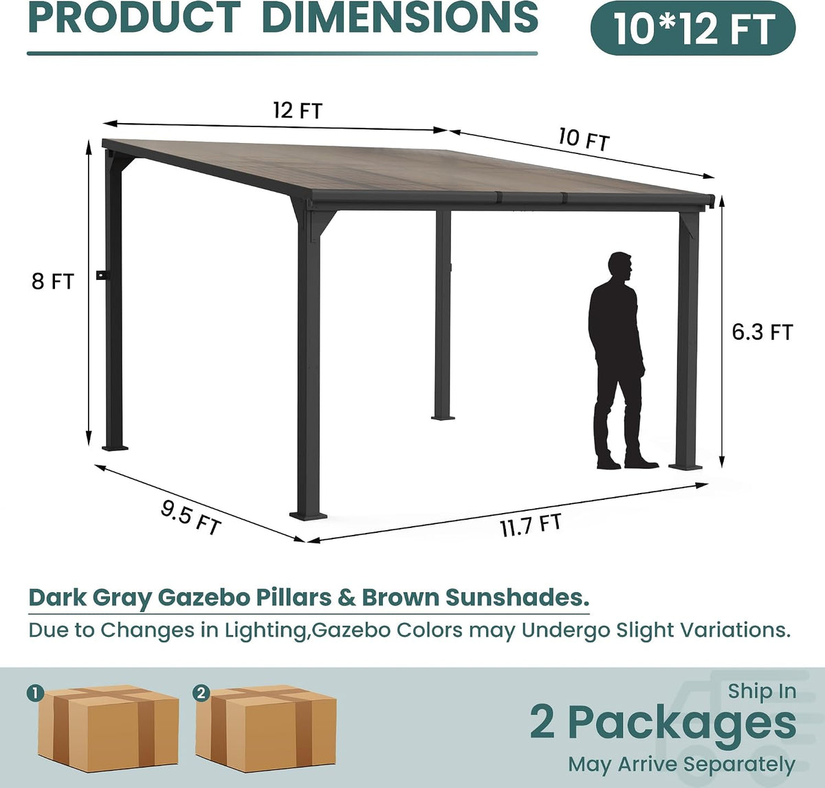 10x12 FT Aluminum Frame Pergola with Thickened Pillars and Enlarged Base, UV Resistant Outdoor Hardtop Lean-to Gazebo