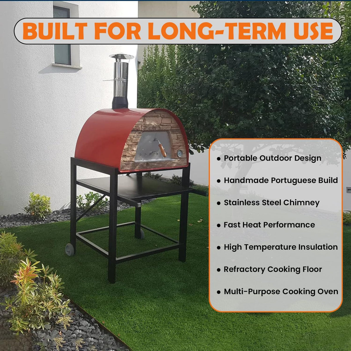 Maximus Red Wood-Fired Portable Outdoor Pizza Oven - Handmade in Portugal with Stainless Steel Chimney, Pizza Peel, Thermometer, Extra Floor Tile, and Baking Dish Included