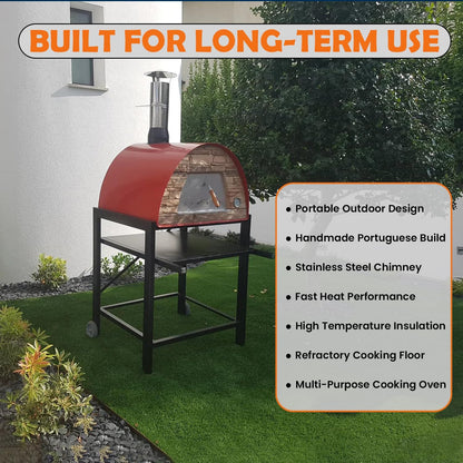 Maximus Red Wood-Fired Portable Outdoor Pizza Oven - Handmade in Portugal with Stainless Steel Chimney, Pizza Peel, Thermometer, Extra Floor Tile, and Baking Dish Included