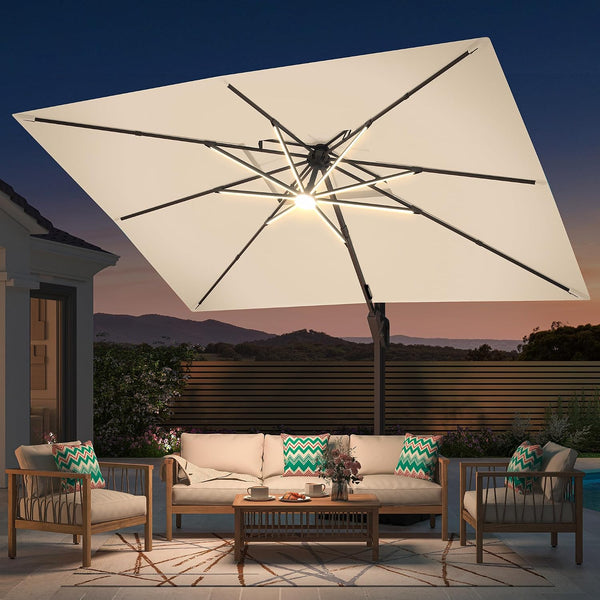 9' X 12' Patio Umbrella with LED Lights Outdoor Cantilever Umbrellas | Heavy Duty Aluminum Frame, Double Top Waterproof Canopy, 360-Degree Rotation, for Pool Garden Deck, Beige