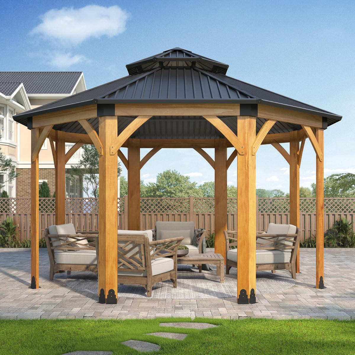 Luxurious 12’X 20’ Outdoor Spruce Wood Gazebo with Elegant Double Roof Design and Versatile Shelving