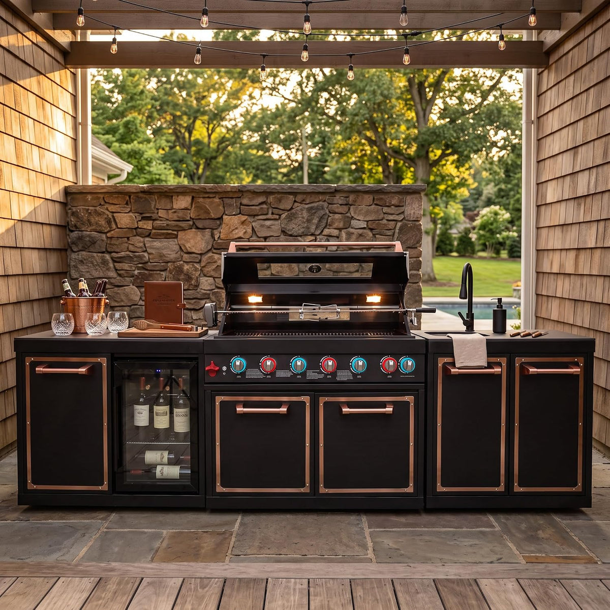 113.8-Inch Outdoor Kitchen Island Featuring Gas Grill and Infrared Rear Burner - Black Finish