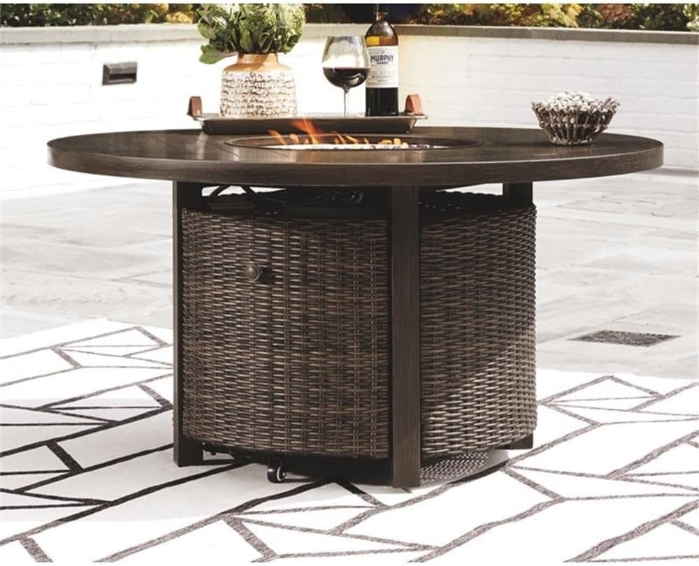 Upgrade Your Outdoor Space with the Signature Design by Ashley Brown Paradise Trail Round Wicker Fire Pit Table