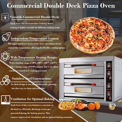 Commercial 13.2KW Double Deck Pizza Oven - Stainless Steel Movable Multipurpose Oven for Bread, Meats, and Pastries with Large Capacity and Wheels, 220V/3PH