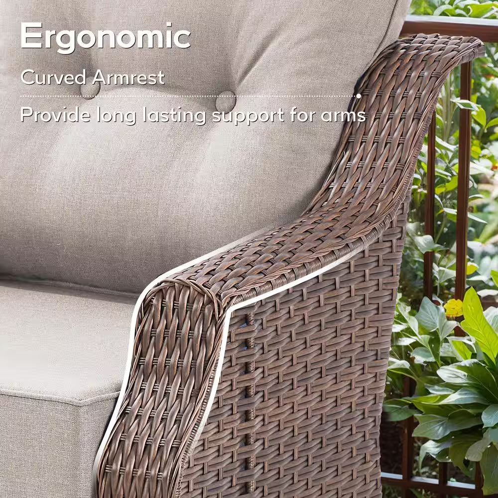 Chic Modern Farmhouse 7-Piece Brown Wicker Patio Set with Beige Cushions & Stylish Metal Fire Pit