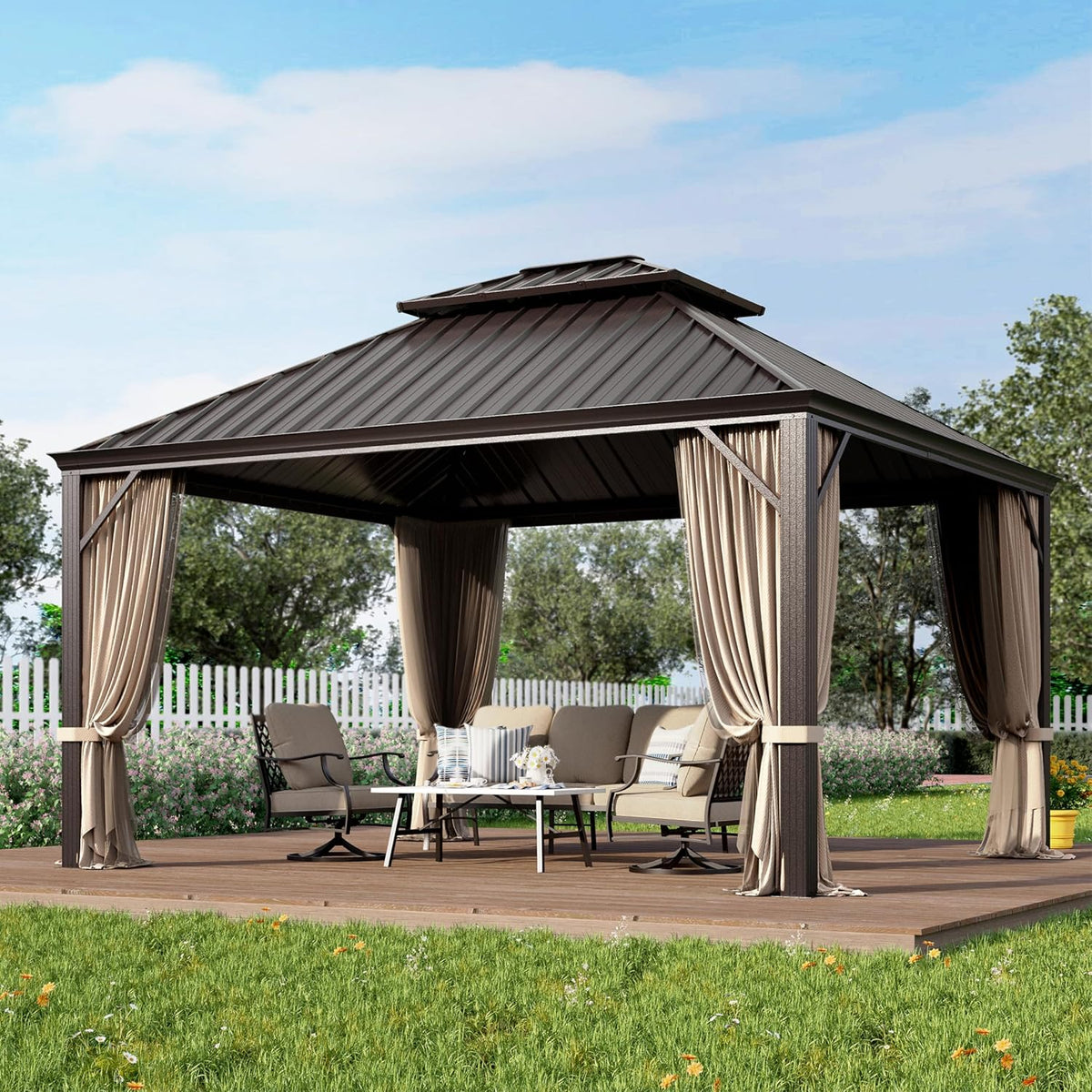 12x20 ft Hardtop Gazebo with Metal Frame, Netting, and Curtains