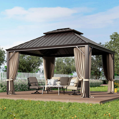 12x20 ft Hardtop Gazebo with Metal Frame, Netting, and Curtains