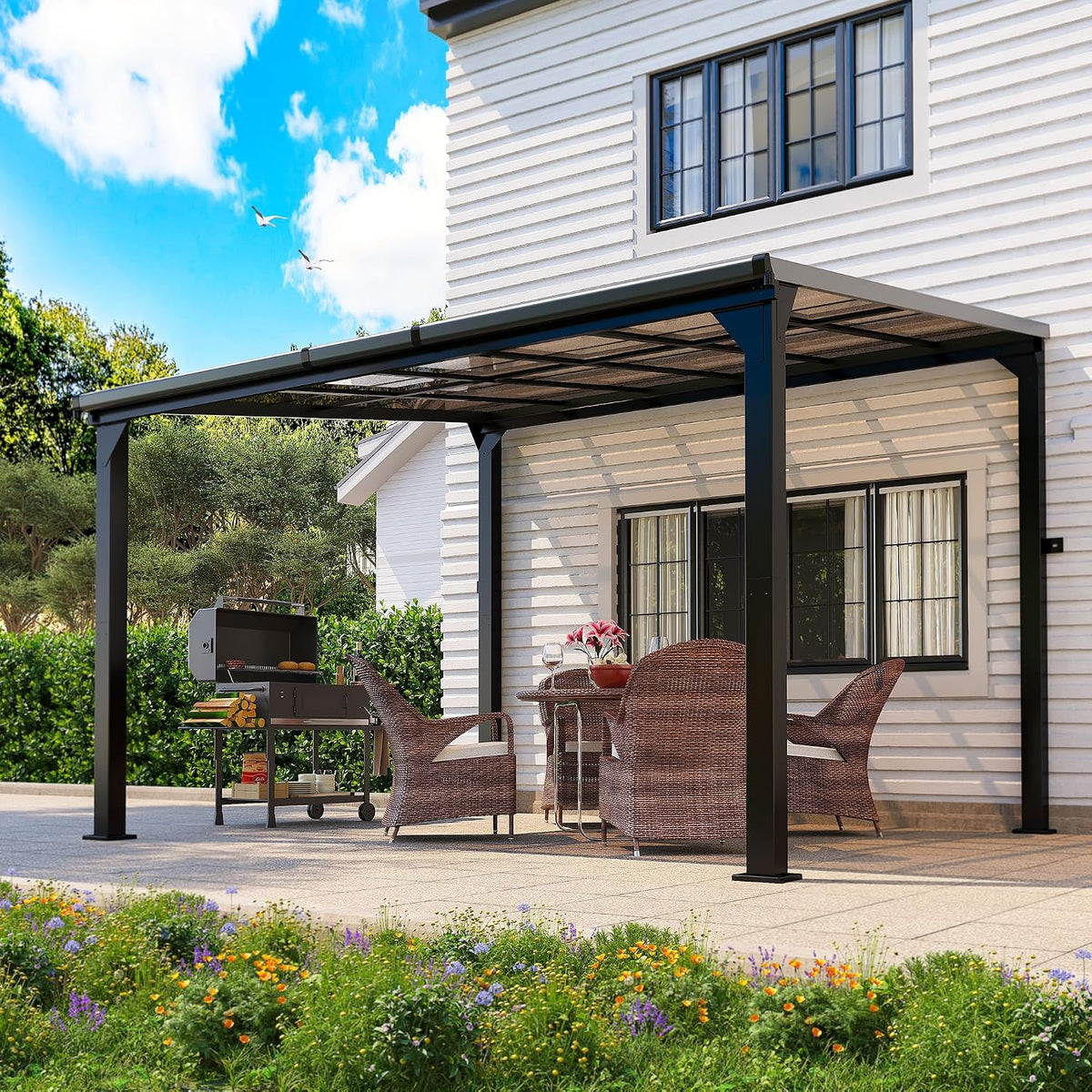 10x12 FT Aluminum Frame Pergola with Thickened Pillars and Enlarged Base, UV Resistant Outdoor Hardtop Lean-to Gazebo