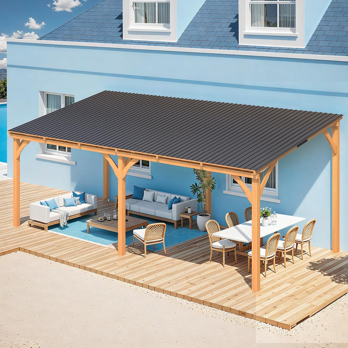 20' x 10' Outdoor Wooden Gazebo - Large Cedar Pergola with Hardtop Design for Patios, Decks, and Backyards, Wall-Mounted Heavy-Duty Awning