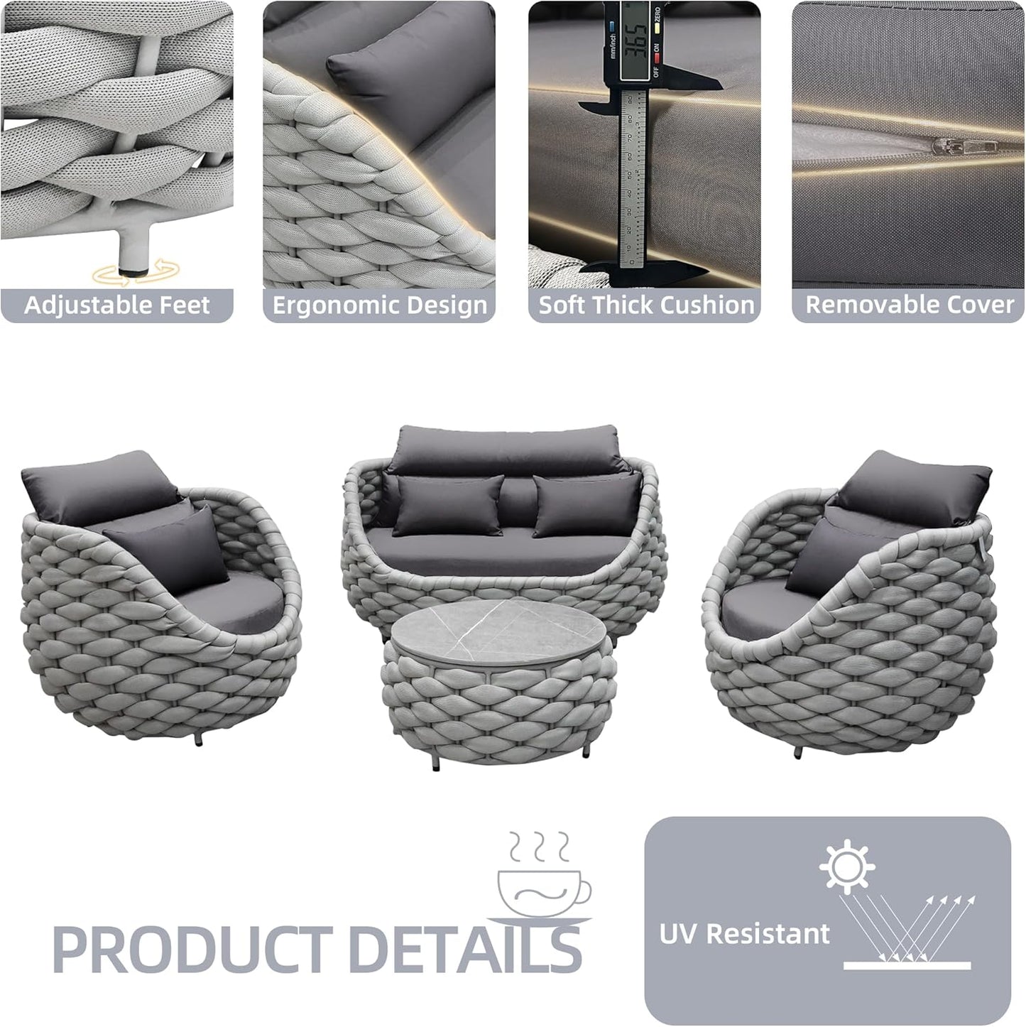 6-Piece Aluminum Patio Furniture Set,Polyester Light Grey W/Table | Olefin Rope Modern Outdoor Conversation Set Sectional Sofa with Water Repellent Thick Cushions for Balcony, Garden