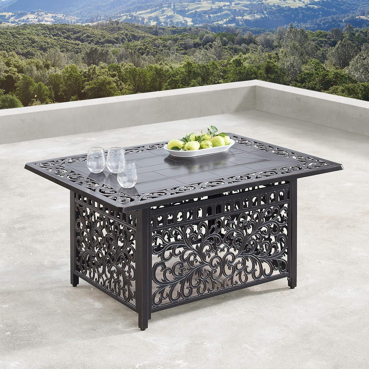 Stylish 48-Inch Rectangular Aluminum Fire Table Set with Four Comfortable Swivel Rockers, Fire Beads, Lid, and Weather-Resistant Covers
