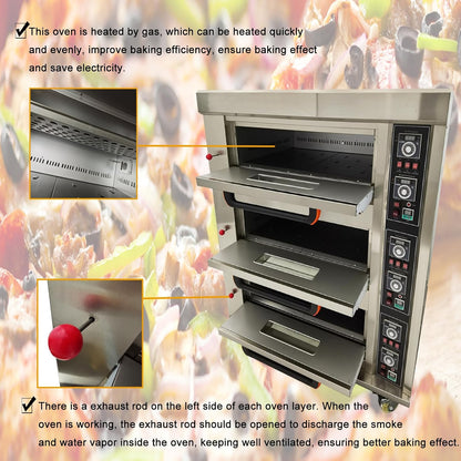 Professional 3-Layer Gas Pizza Oven with 6 Plate Capacity, 110V 300W Stainless Steel, Ideal for Restaurants and Bakeries, Temperature Range 0℃-400℃, Timer 0-99 Minutes, Single Phase