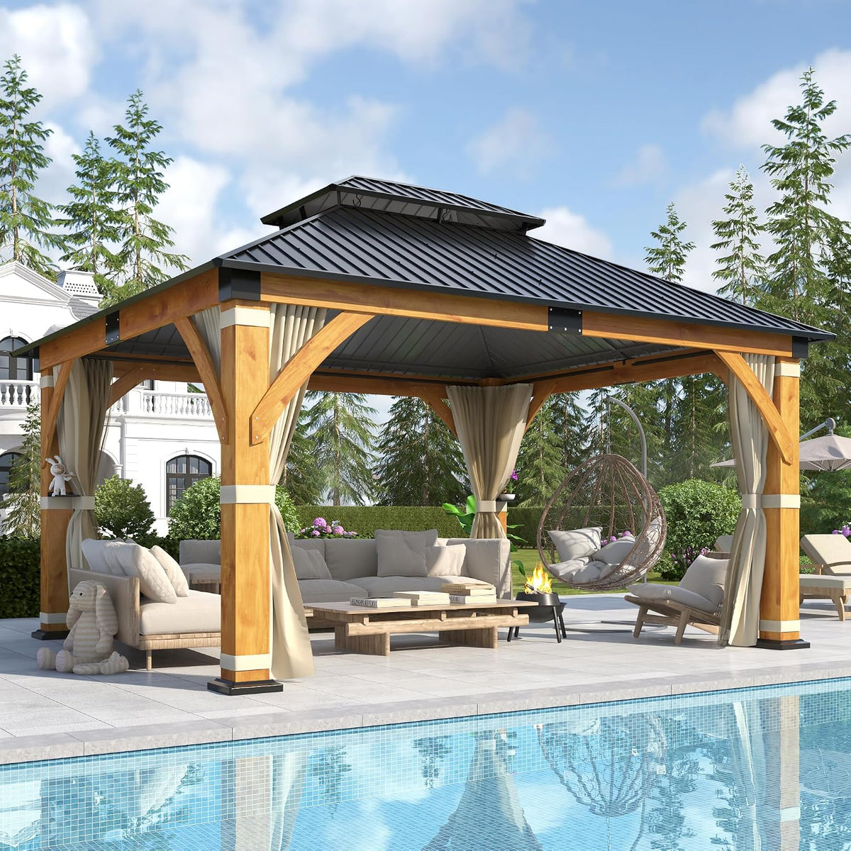 Luxurious 12’X 20’ Outdoor Spruce Wood Gazebo with Elegant Double Roof Design and Versatile Shelving