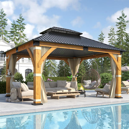 Luxurious 12’X 20’ Outdoor Spruce Wood Gazebo with Elegant Double Roof Design and Versatile Shelving